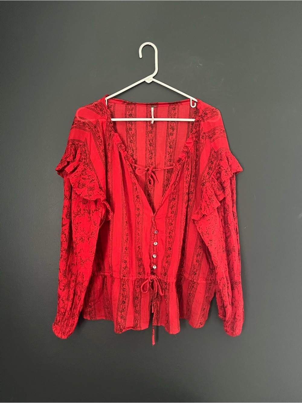 Free People Boho Ruffle Peasant Blouse | XL | 100% Cotton | 3/4 Sleeve Tie Front